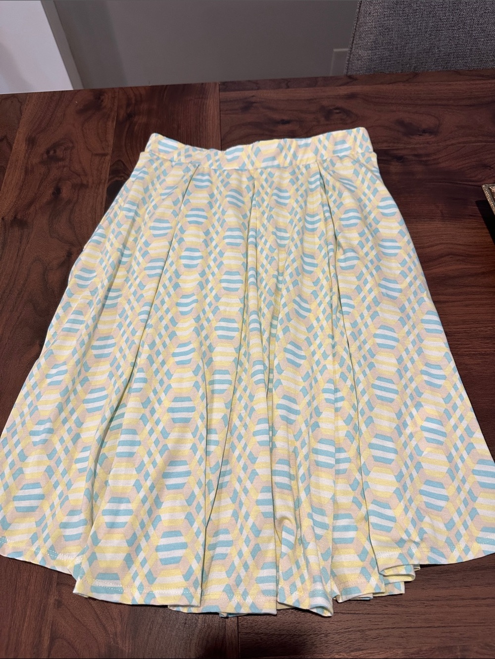 LuLaRoe Geometric Circle Skater Skirt in Pale Yellow and Light Blue